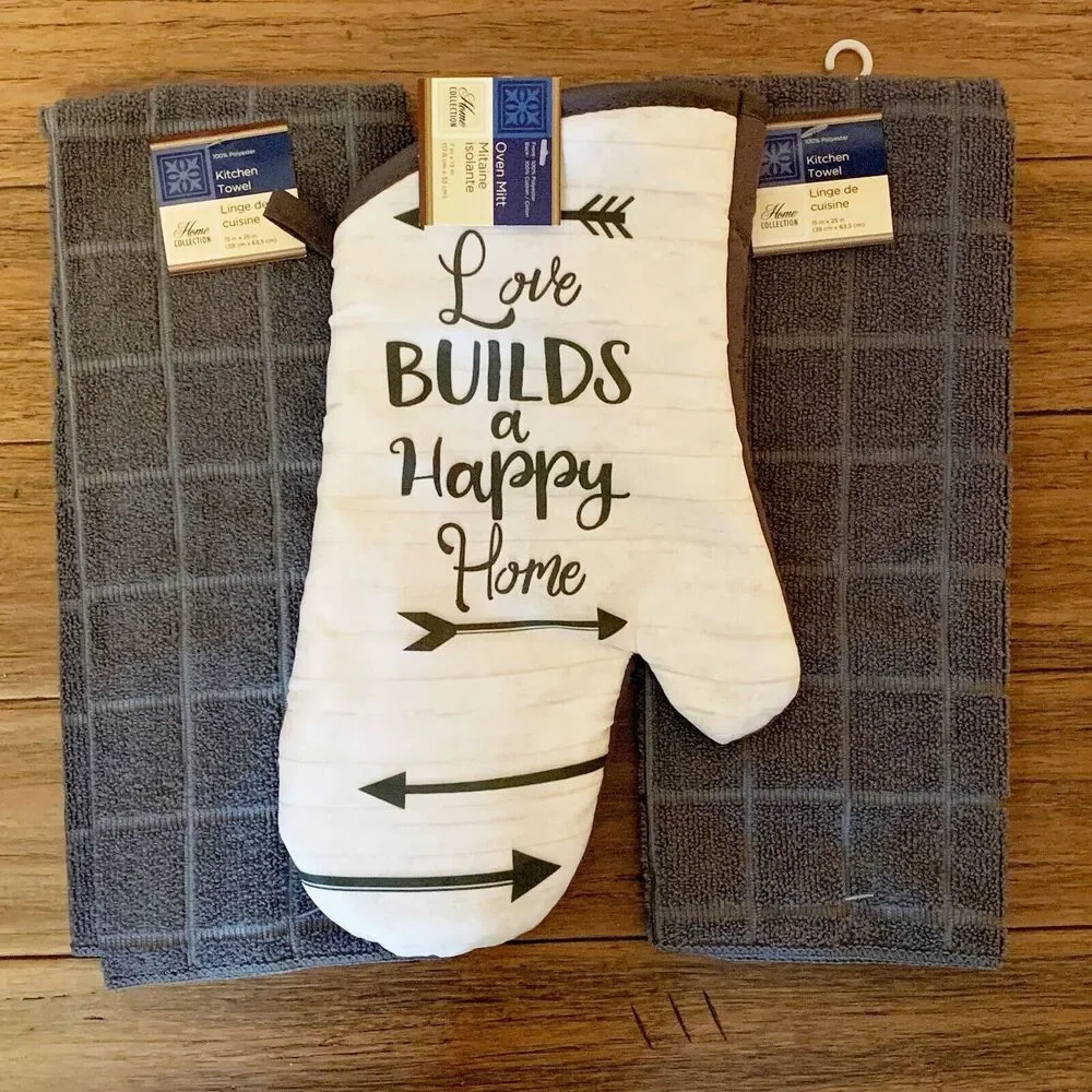 Gray White NEW Oven Mitt Towels Farmhouse Kitchen 3 Pc SET Love Happy Home NWT